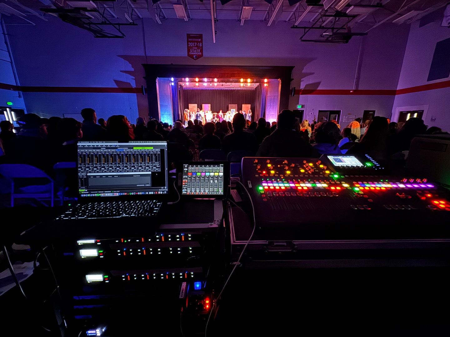 FOH position during live school concert in Treasure Valley Idaho, Behringer X32 and laptop setup, full audience
