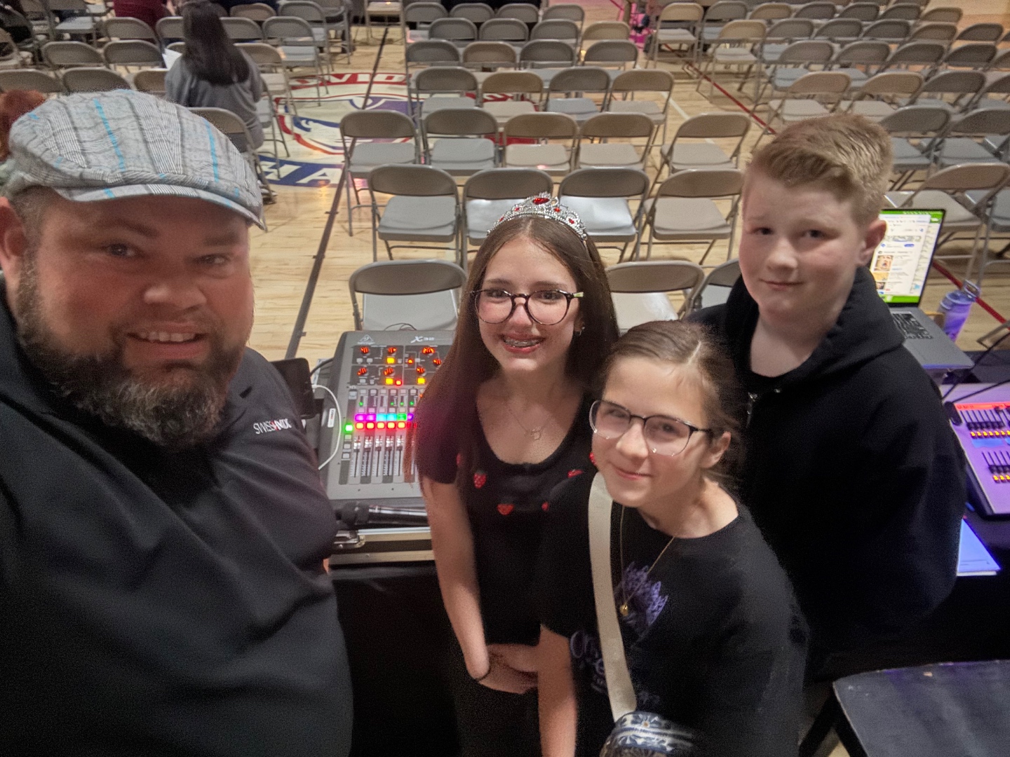 Mark training middle school students on Behringer X32 digital mixer in school gymnasium, Meridian Idaho