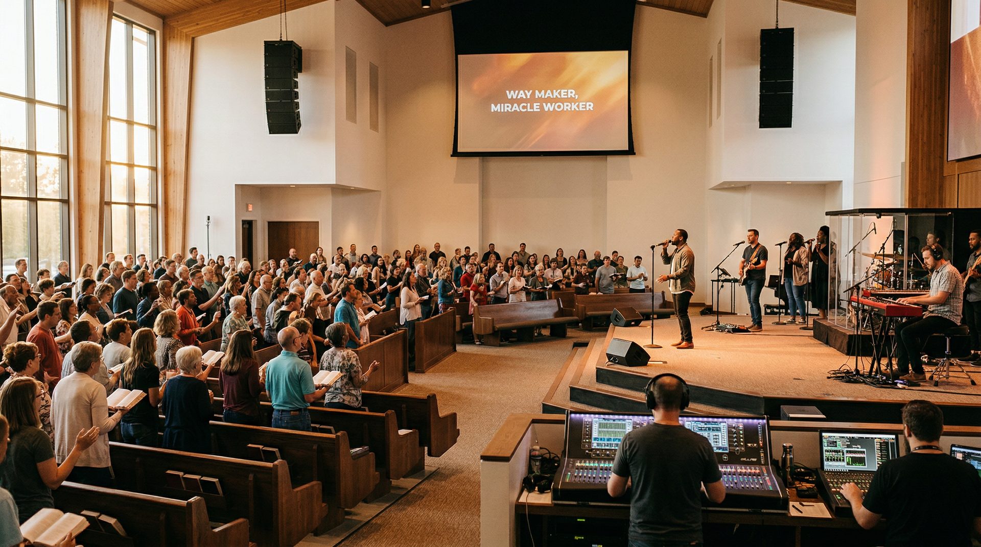 Professional church audio setup with stage lighting in a worship space, SwissMixx Audio church sound services Boise Idaho