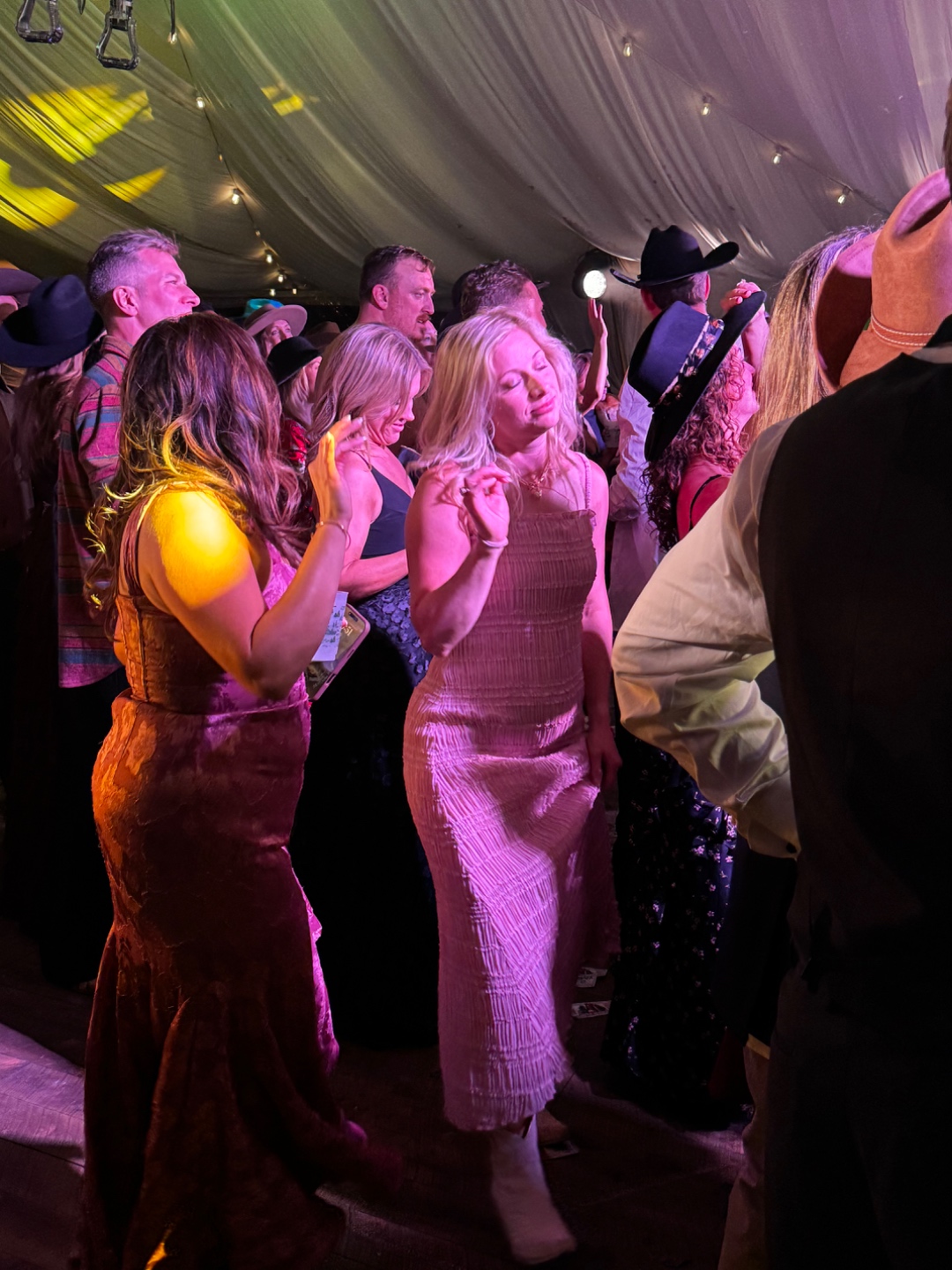 Packed dance floor at a Teton valley wedding reception tent, pink uplights and SwissMixx Audio sound