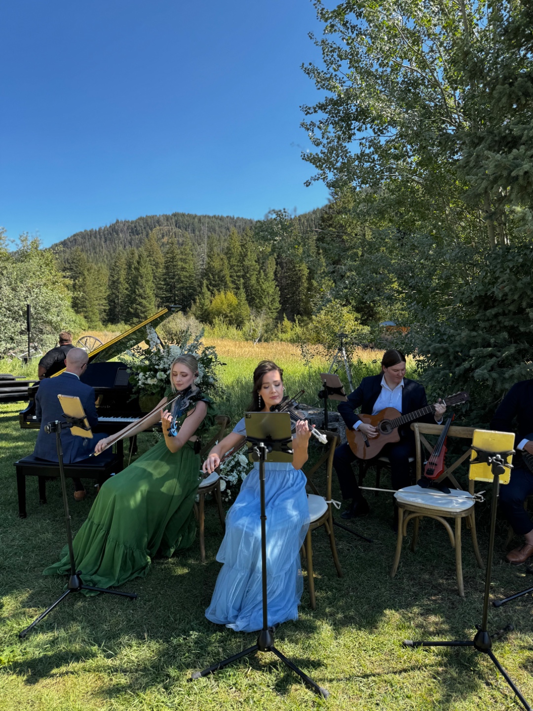 String quartet and pianist performing outdoors at a Teton valley wedding ceremony, SwissMixx Audio live sound