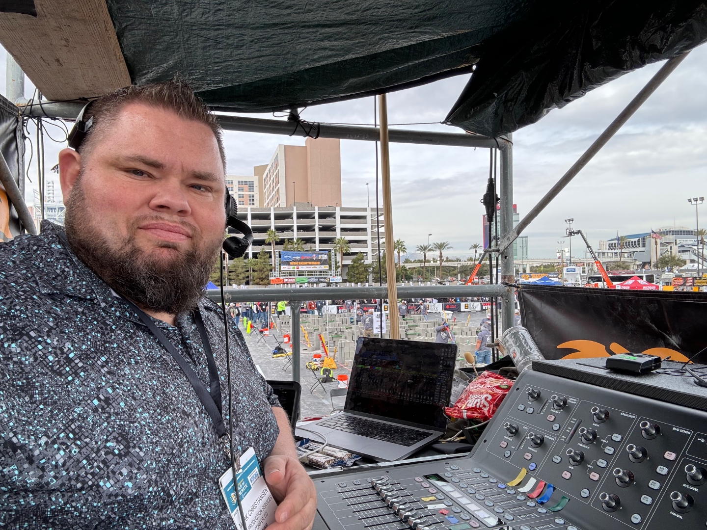 Mark at front of house mixing position at a large outdoor professional event, the real-world career path for audio students