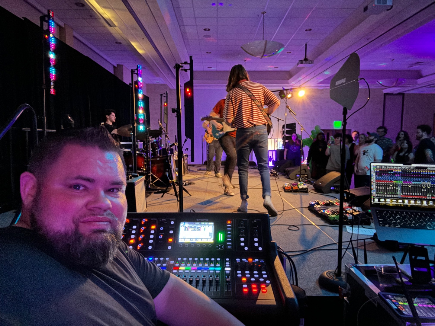 SwissMixx Audio engineer at mixing console during a Boise Idaho corporate event production