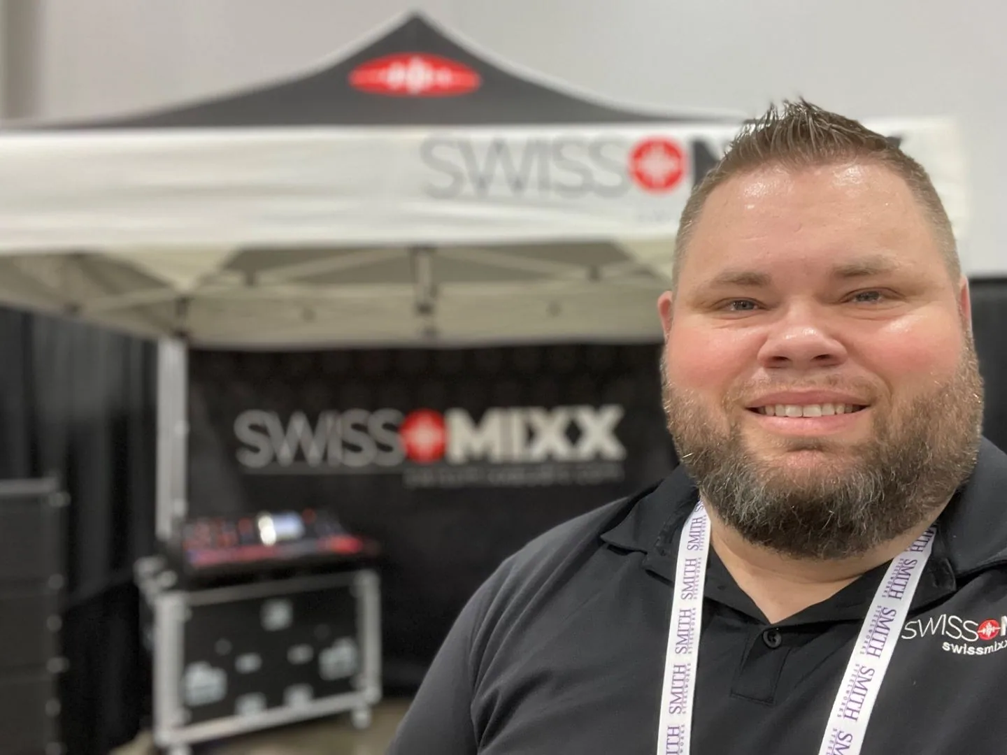 Mark Christiansen at the SwissMixx Audio booth, every price published, Nampa Idaho