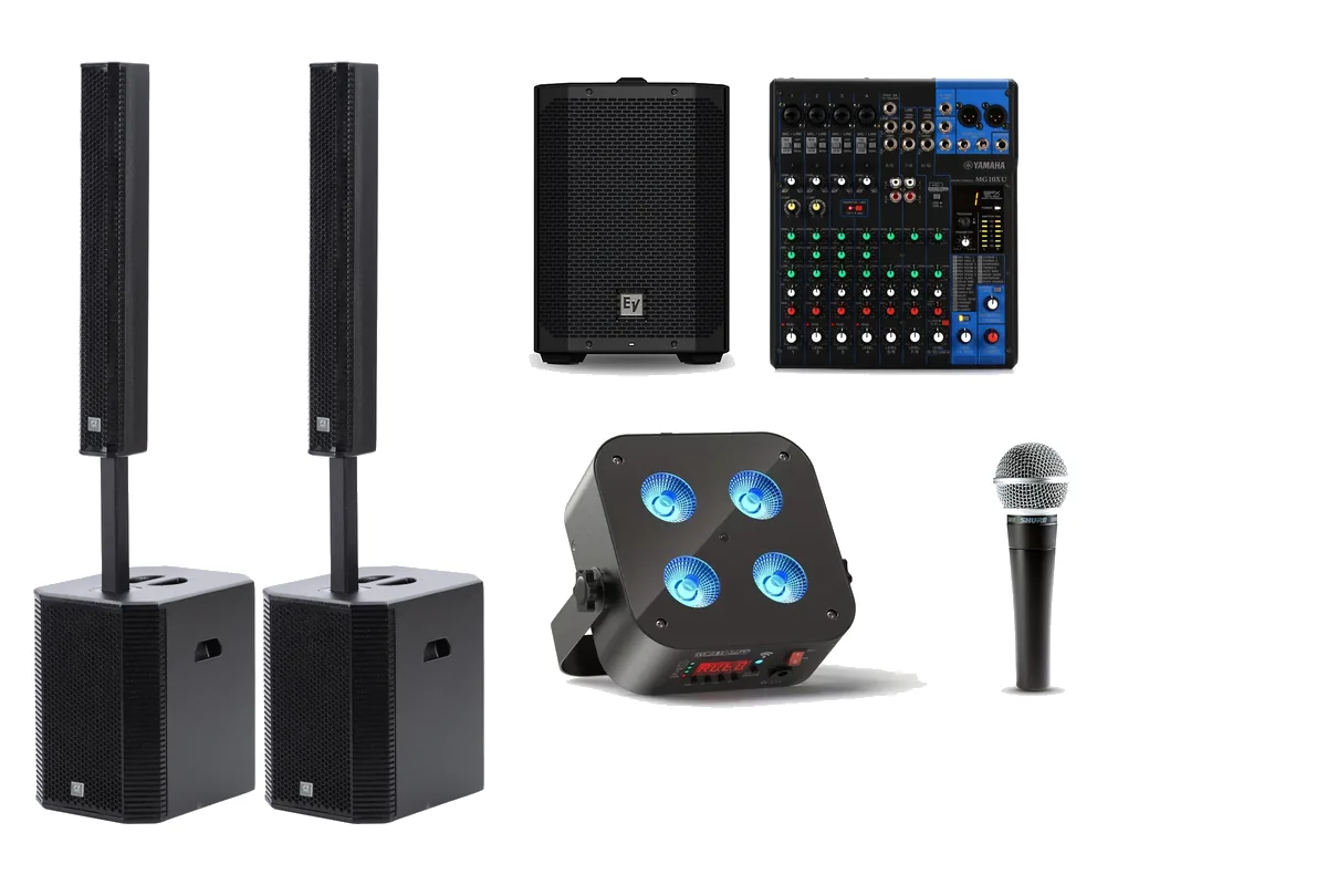 DIY wedding dance floor sound package rental with two column arrays, battery speaker and wireless uplights, SwissMixx Audio Treasure Valley