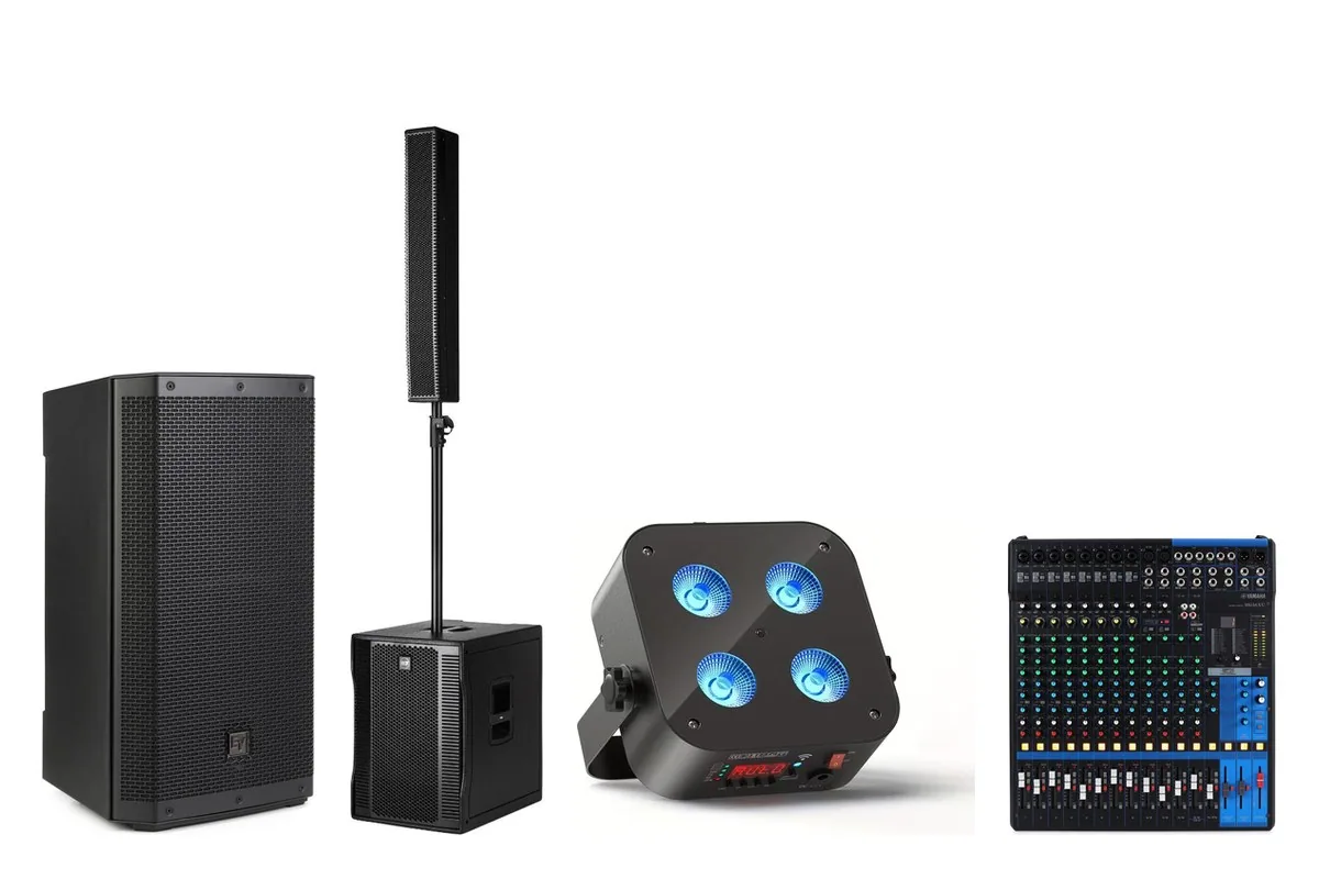 DIY wedding dance floor package rental Boise Idaho with column array, powered speakers, wireless battery uplights, and mixer from SwissMixx Audio