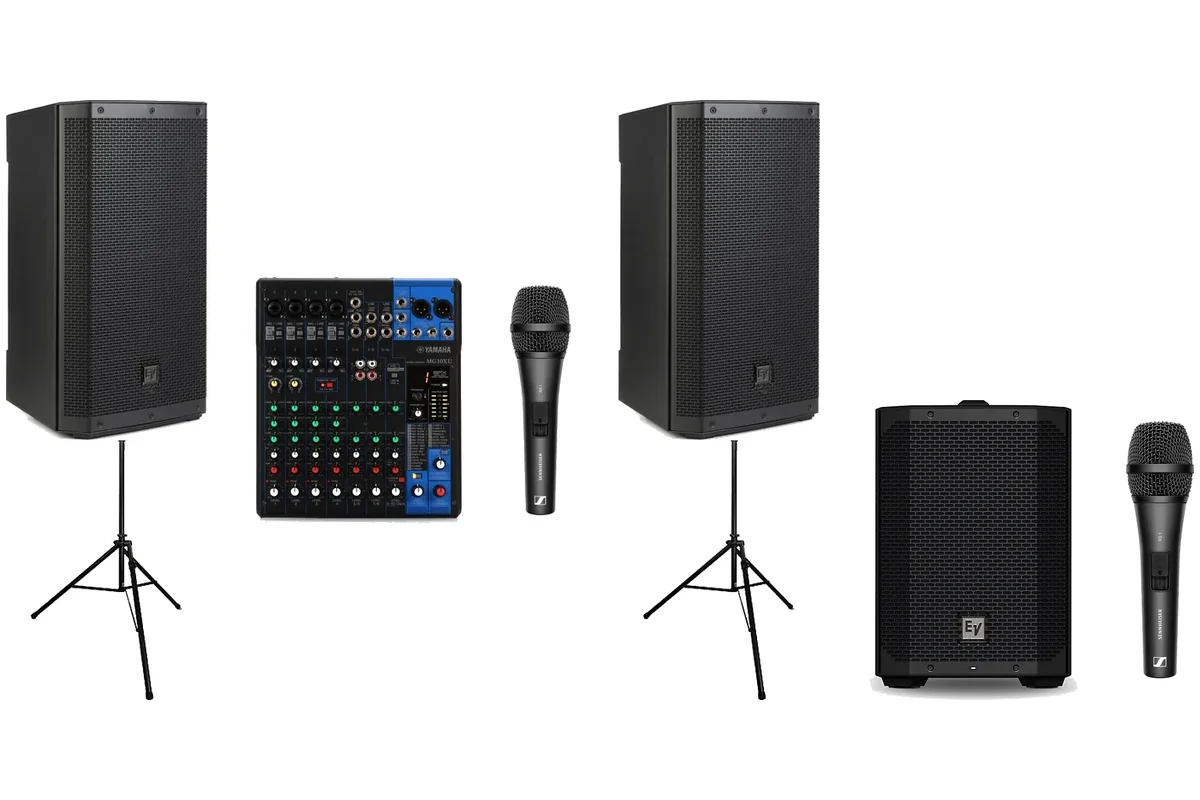 DIY wedding sound rental with two 12 inch powered speakers on stands, a mixer, a wireless mic, plus a battery speaker and second wireless mic for the ceremony, SwissMixx Audio Nampa