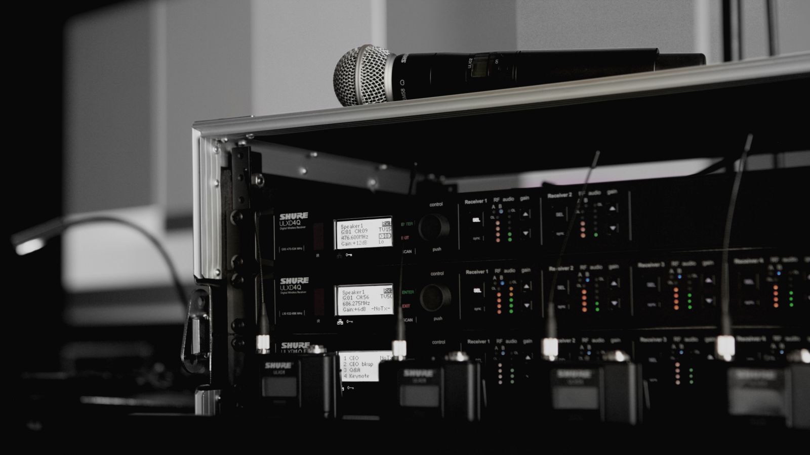 Shure ULXD wireless mic rack system for school theatre productions