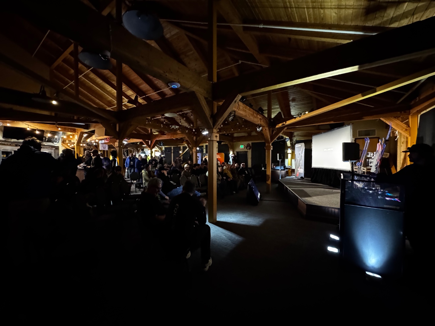 Schweitzer Mountain lodge venue at night, atmospheric event lighting, SwissMixx Audio destination DJ service Idaho