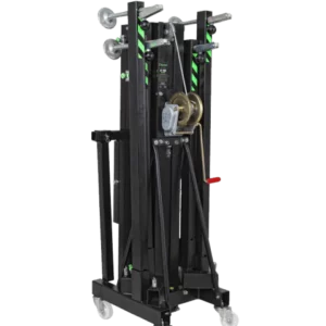 The Kuzar Tower Lift K-50 19.5ft Line Array Lift is a black, wheeled vertical stand with metal pulleys, hand crank, support bars, and green safety markings—ideal for raising event audio, lighting, or staging gear in Boise.