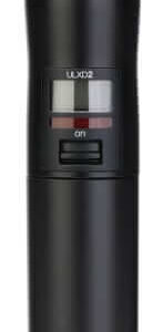 A black handheld wireless microphone with a silver mesh grille and a small display screen on the body, labeled “Shure SM58.”.